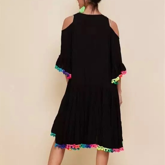 Neon PomPom Trim Black Swing Dress - Picture 7 of 10